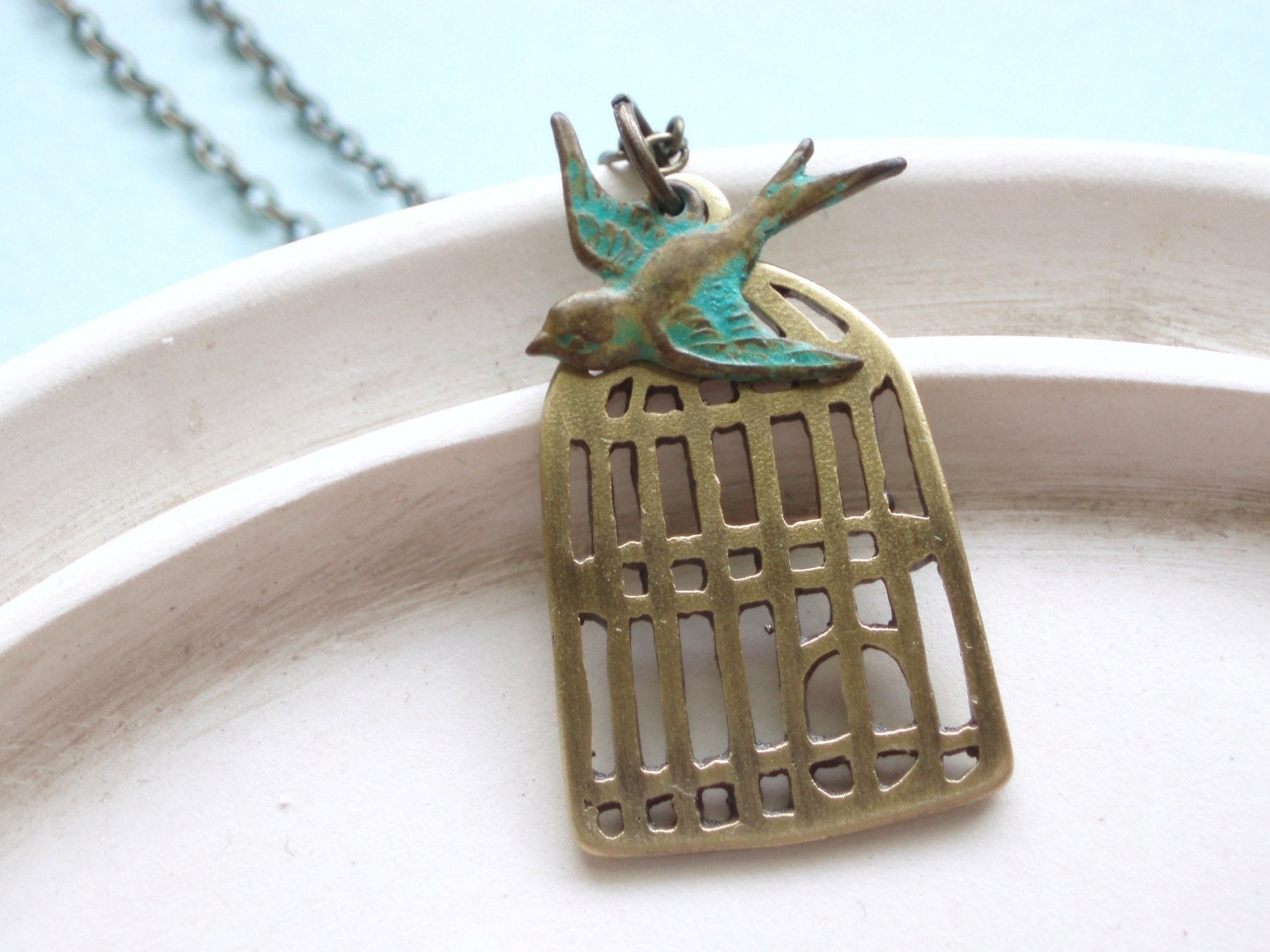 Bird Necklace - Handmade Bird Cage with Verdigris Sparrow - Free as a Bird Necklace