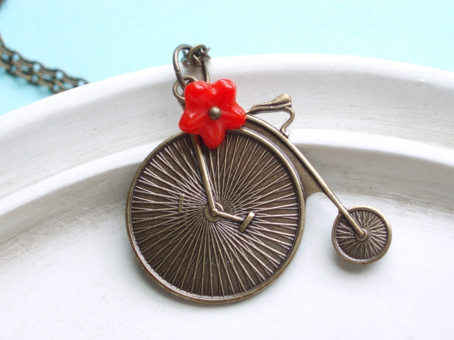 Bicicletta - Summer Bicycle Necklace - Antiqued Brass with Red Flower