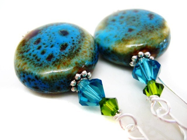 Olive Green and Blue Spotted Dangle Earrings. Teal Turquoise Lime Silver Beaded Crystal Earrings