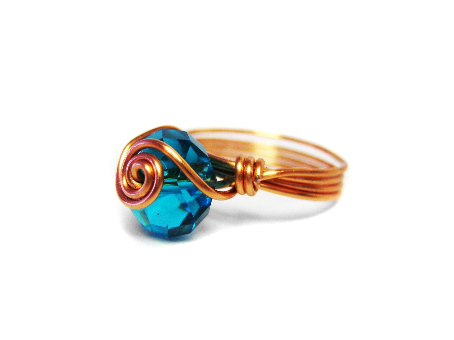 Teal and Copper Wire Wrapped Ring. Turquoise Spiral Rosette Beaded Ring