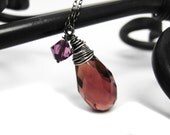 Purple Wire Wrapped Teardrop Necklace. Amethyst Pear Shape Oxidized Sterling Silver Necklace