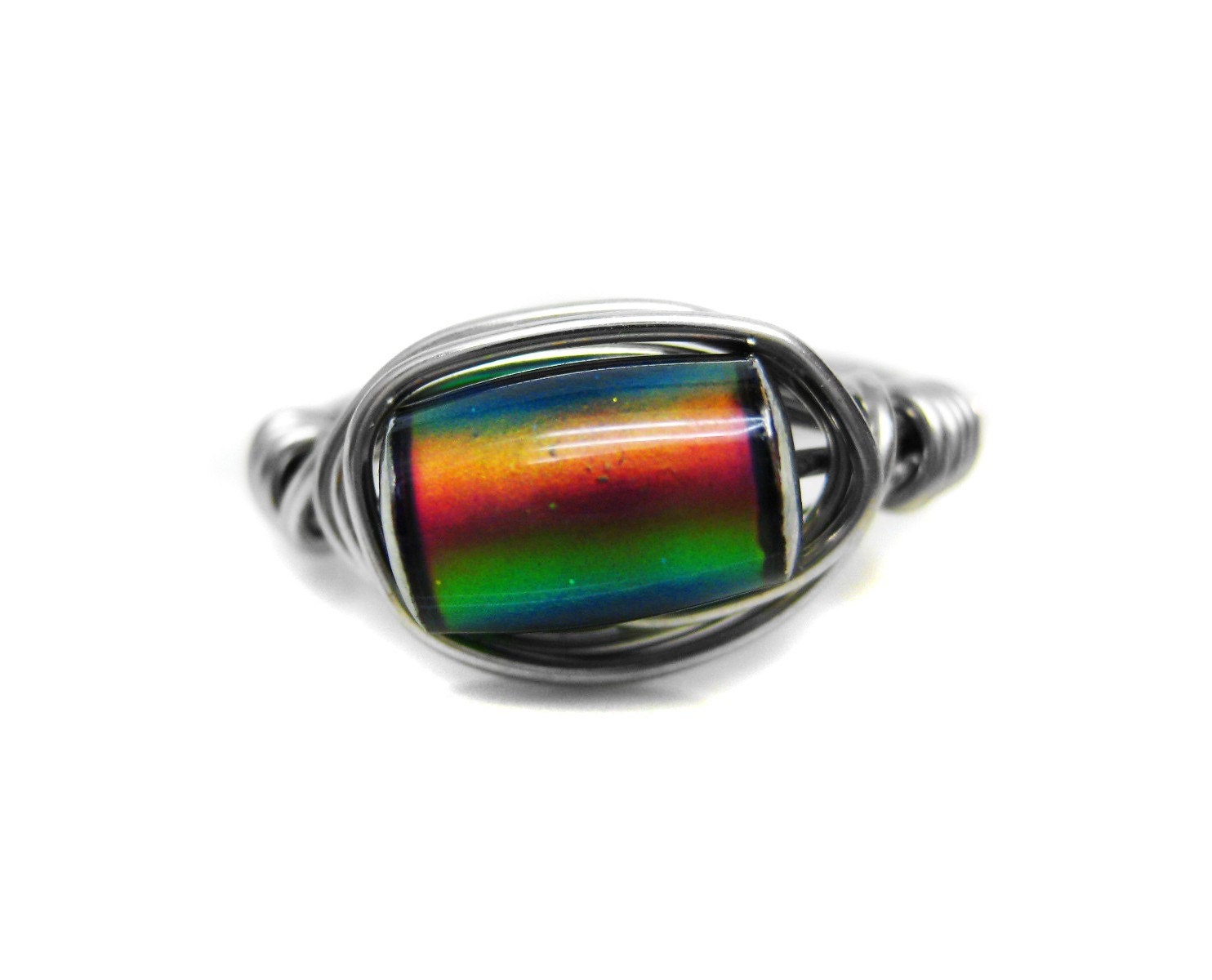Color Changing Sterling Silver MOOD Wire Wrapped Ring. Handmade Colorful Beaded Ring