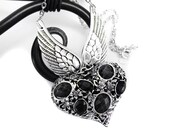 Angel Wing Necklace. Silver Winged Heart Necklace. Black Rhinestone Heart Necklace