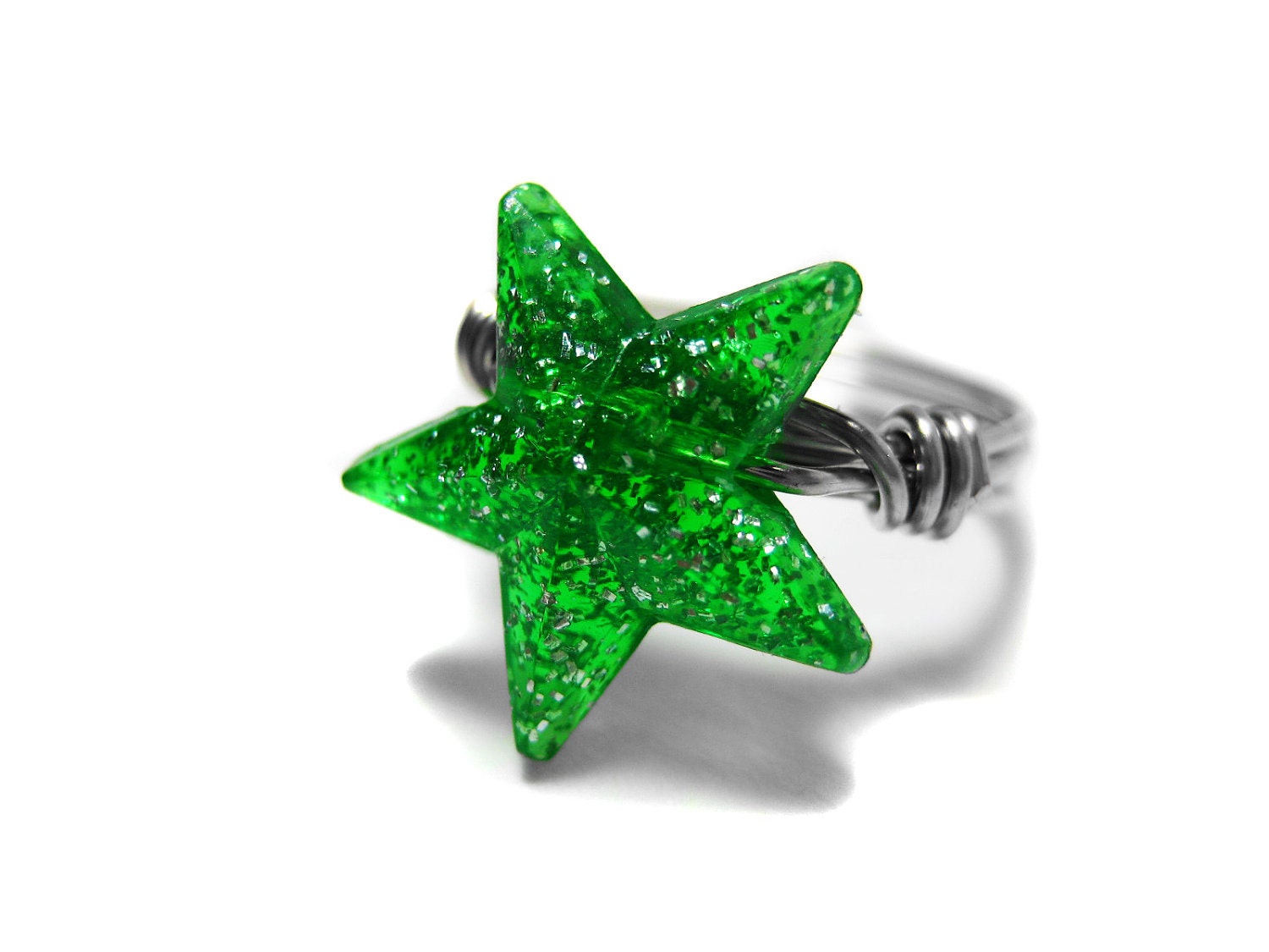 Lime Green Glitter Nautical Star Ring. Silver Beaded Wire Wrapped Ring