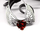 Angel Wing Necklace. Silver Winged Heart. Red Swarovski Crystal Heart Jewelry.