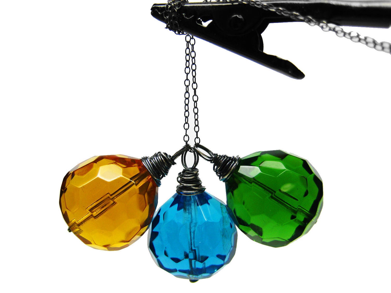 Yellow Blue Green Beaded Necklace. Wire Wrapped Teardrop Pendant Necklace. Oxidized Sterling Silver Necklace