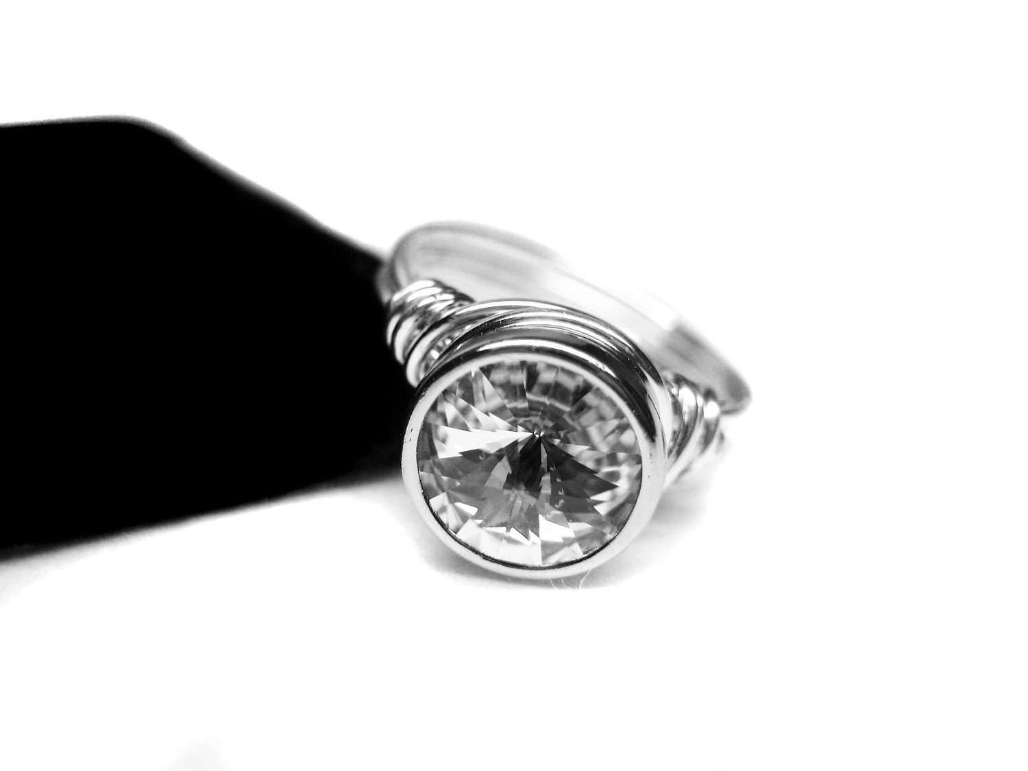 Silver Round Swarovski Crystal Clear Ring. Wire Wrapped Promise Ring