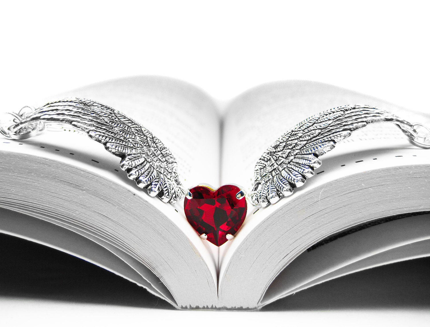 Angel Wing Bracelet. Red Heart Bracelet. Silver Crystal Cuff Bangle