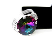 Rainbow Crystal Ring. Colorful Rivoli Silver Ring. Pink Green Blue Purple Wire Wrapped Ring
