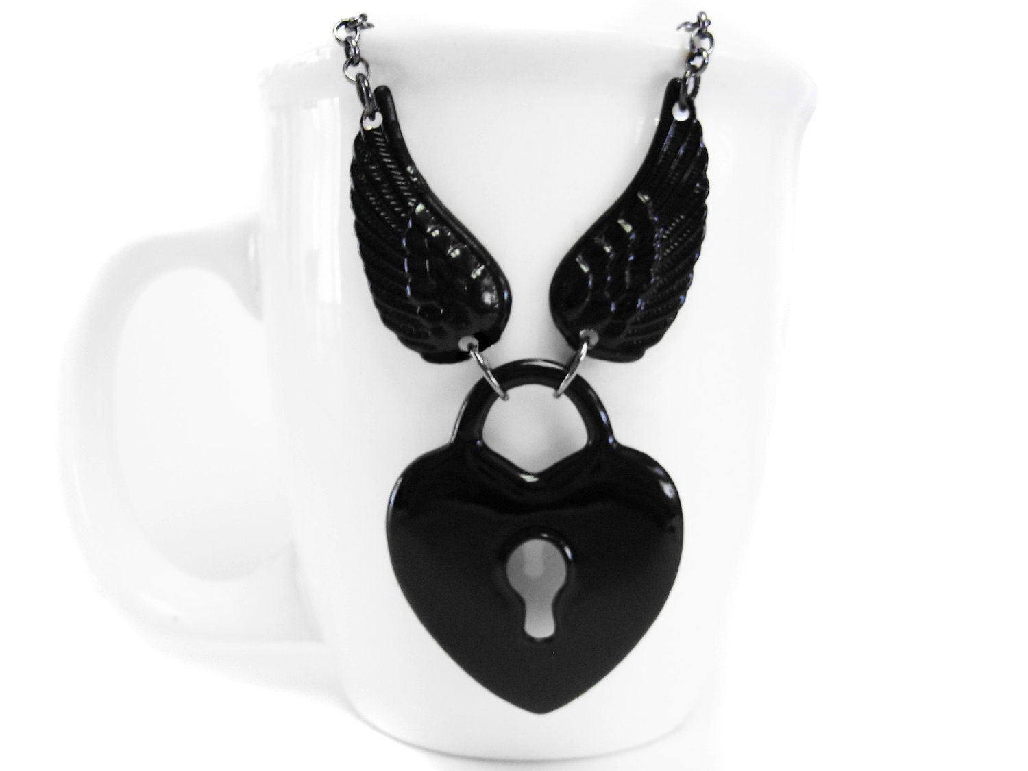 Angel Wing Necklace. Black Heart Necklace. Heart Padlock Winged Necklace