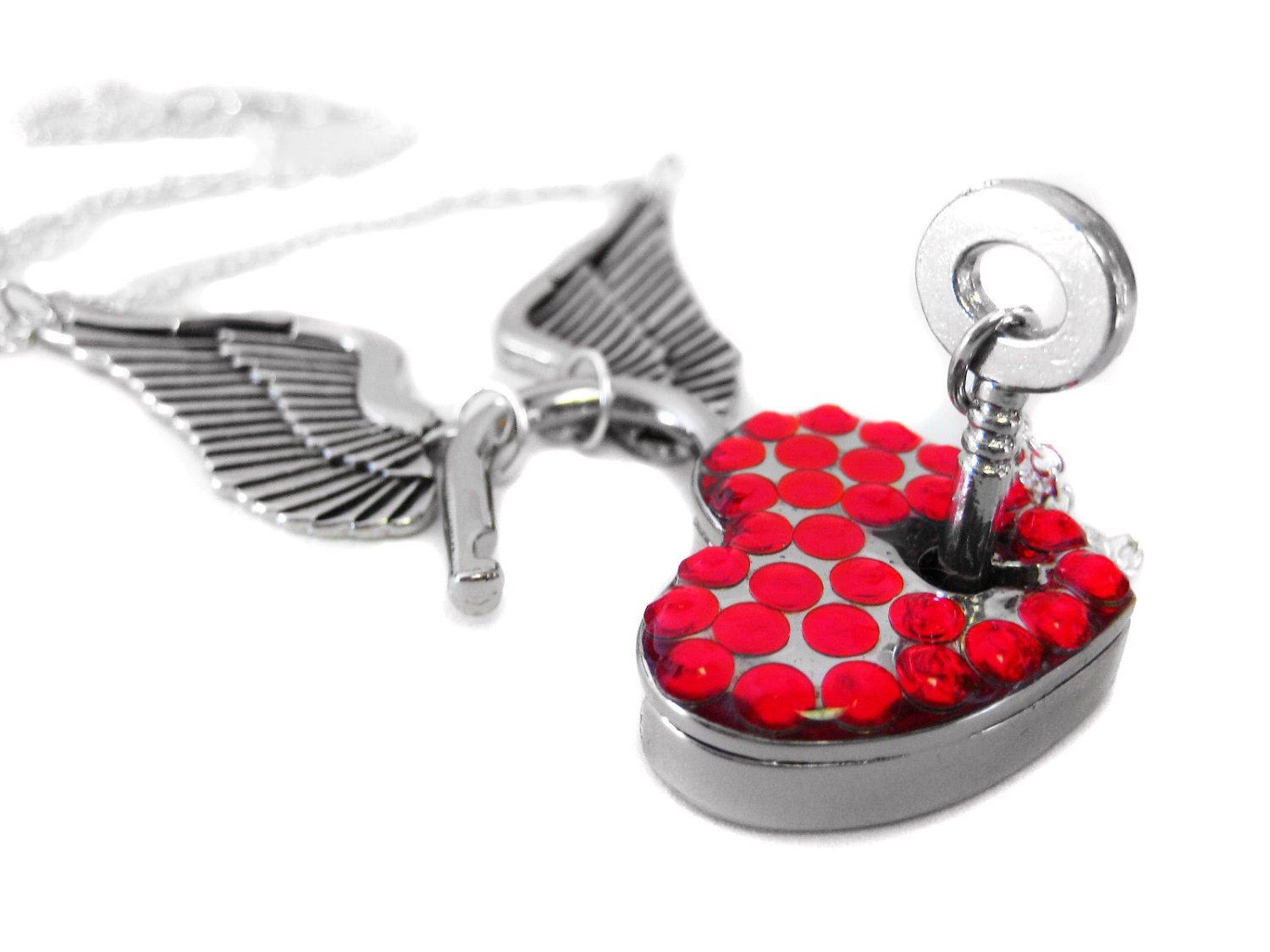 Angel Wing Heart Lock and Skeleton Key Necklace Set. Valentines Day Necklace