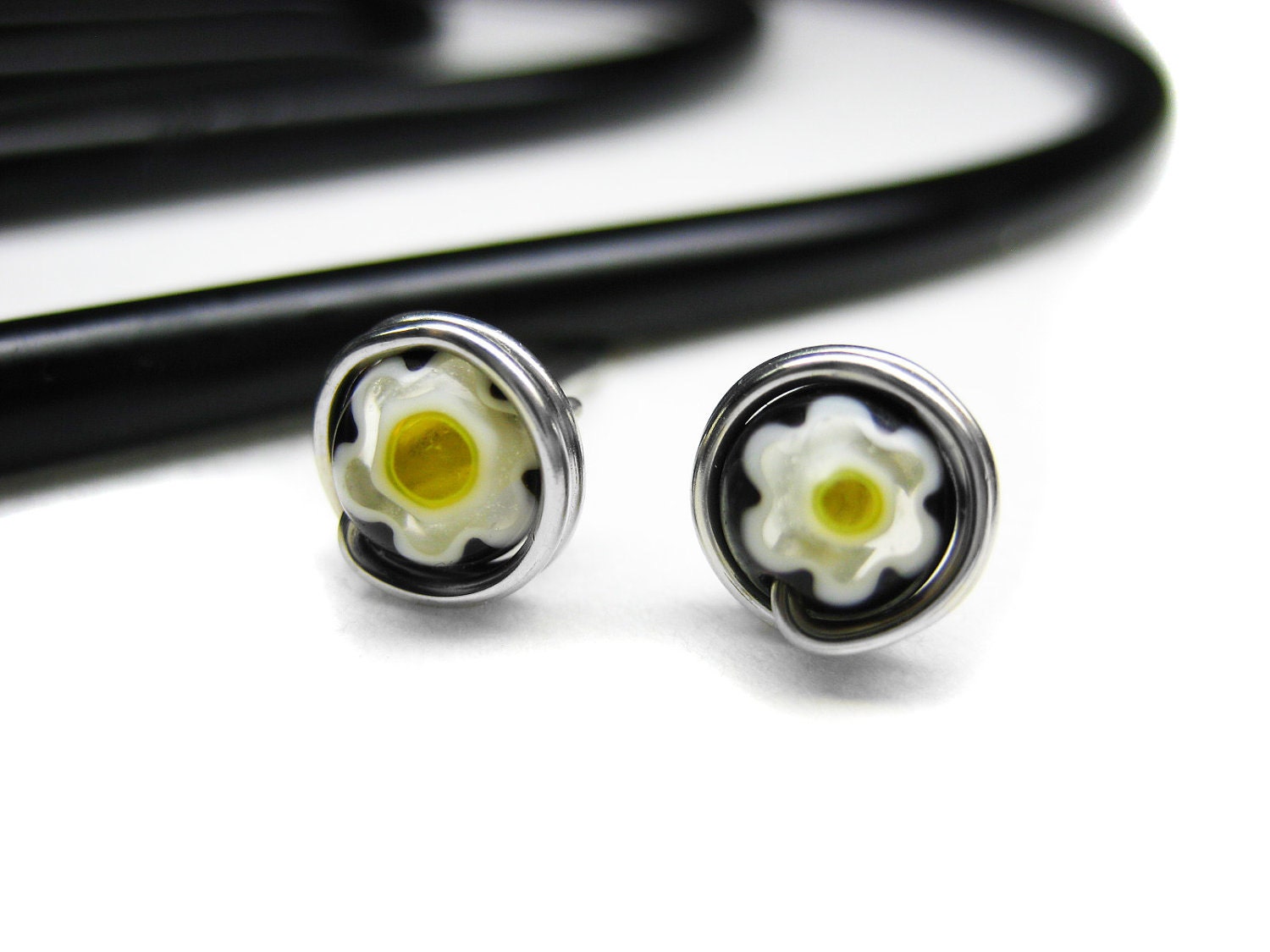 Black and Yellow Wire Wrapped Stud Earrings. Flower Sterling Silver Posts