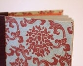 blank artist book - hand made journal - burgundy leather binding, long-stitch - ornate muted green & copper/bronze cover