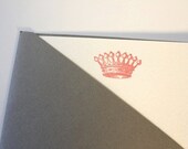 elegant crown small note cards - set of 2 - luxe cream card, pink/coral crown, silver envelopes - rubber stamp - size A2