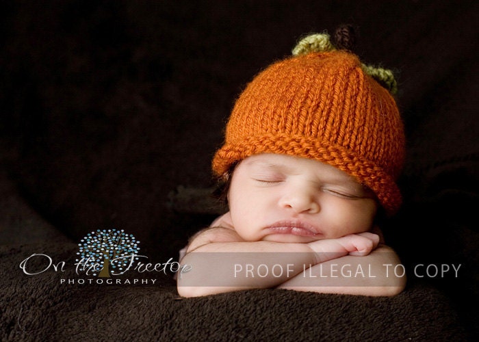 Halloween Hat, Newborn Hat, Baby Hat, Gender Natural, Orange Halloween Pumpkin Hat with Green Leaves and Brown Stalk -Photography Prop