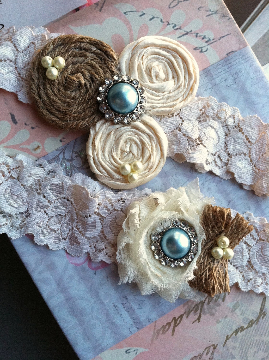 Garter/ BURLAP wedding garter / bridal  garter/  lace garter /something blue / barn rustic wedding garter / vintage inspired lace garter