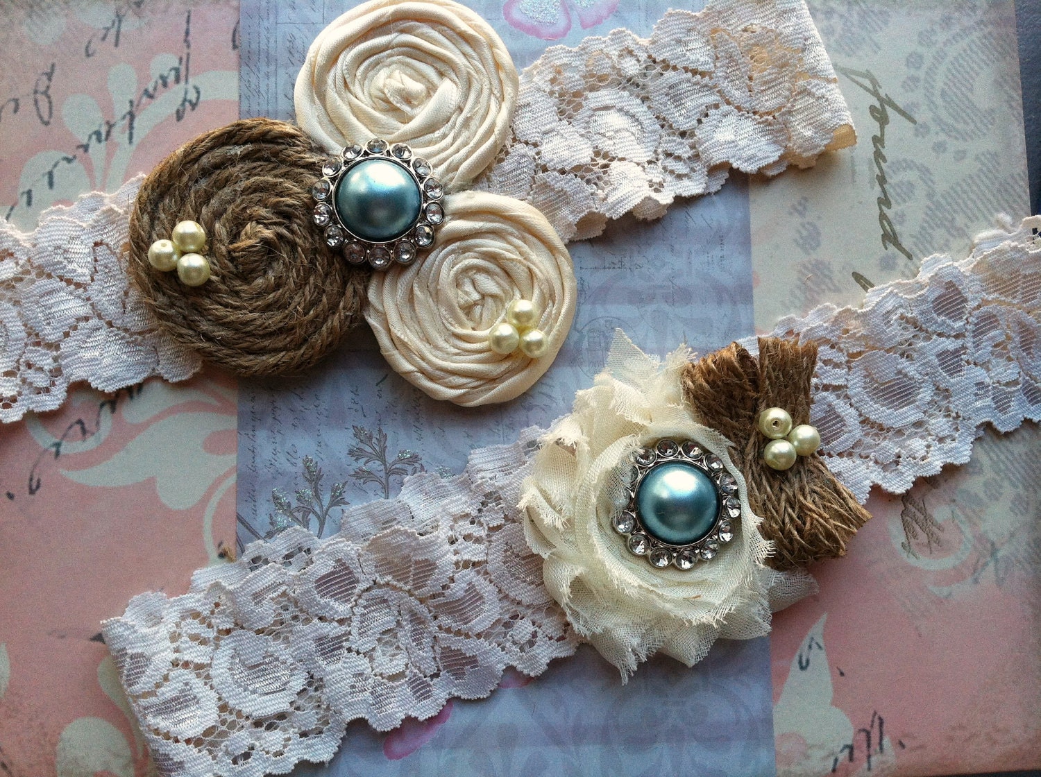 Garter/ BURLAP wedding garter / bridal  garter/  lace garter /something blue / barn rustic wedding garter / vintage inspired lace garter