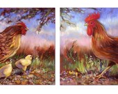 Hen Chicks Rooster Set of 2 Fine Art Prints 8.5 in. x 10 in.
