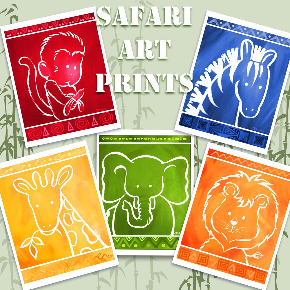 NEW COLORS - African Jungle Safari Zoo Animals Art Prints for Nursery Kids Children Set of 5 Fine Art Prints