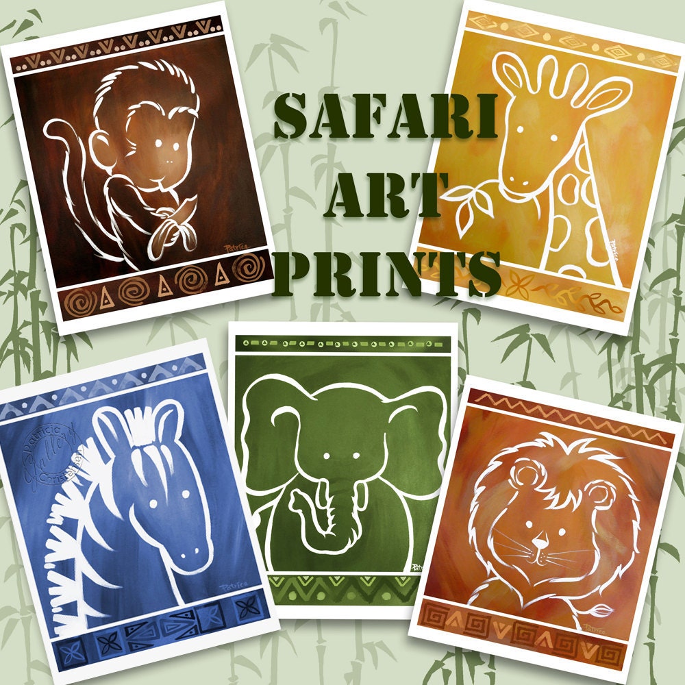NEW with a BLUE Zebra -  African Safari Zoo Animals Art Prints for Nursery Kids Children Set of 5 Fine Art Prints