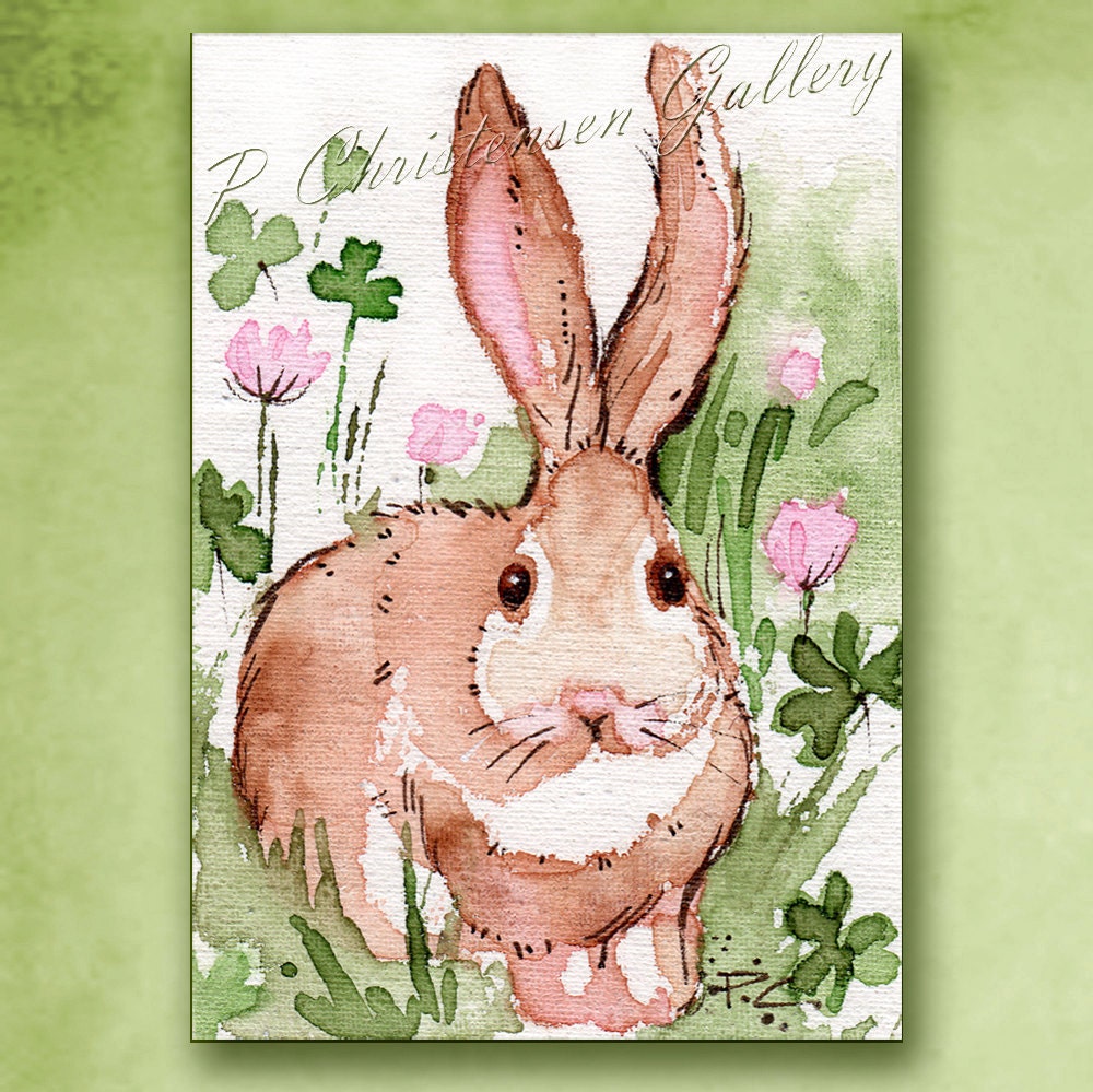 ACEO Irish Ireland Bunny Rabbit Shamrock Green Grasses - FREE Shipping