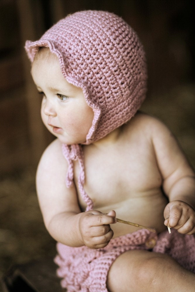 Little Baby Ruffle Bonnet - Eco Friendly - Hand Knit Crochet - Photo Prop - Easter - Dusty Pink