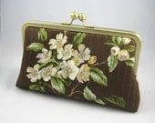 White, Green and Brown Flowers - silk lined clutch bag