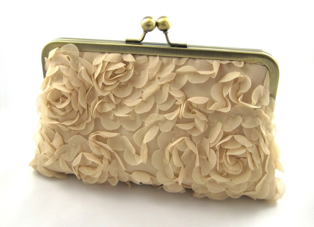 Tul and Beige Petals - silk lined clutch bag