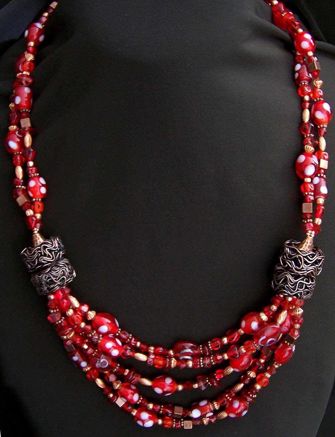 Ruby Red Bib Necklace Showy Scarlet Scattered Hearts OOAK Favoriteblings Multistrand Knockout