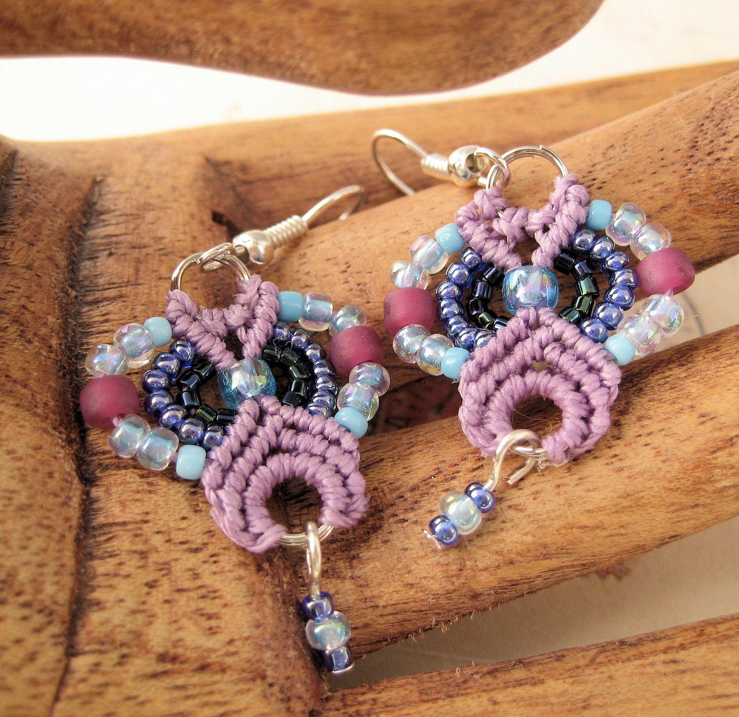 Beaded Macrame Earrings in Orchid Purple Teal and Navy