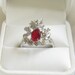 Vintage Red Glass and Clear Rhinestones Layered Floral design Ring signed 18K HGE Size 11