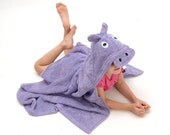 Handmade Purple Hippo children's hooded towel...