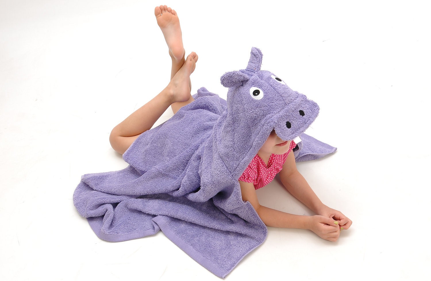 Handmade Purple Hippo children's hooded towel...