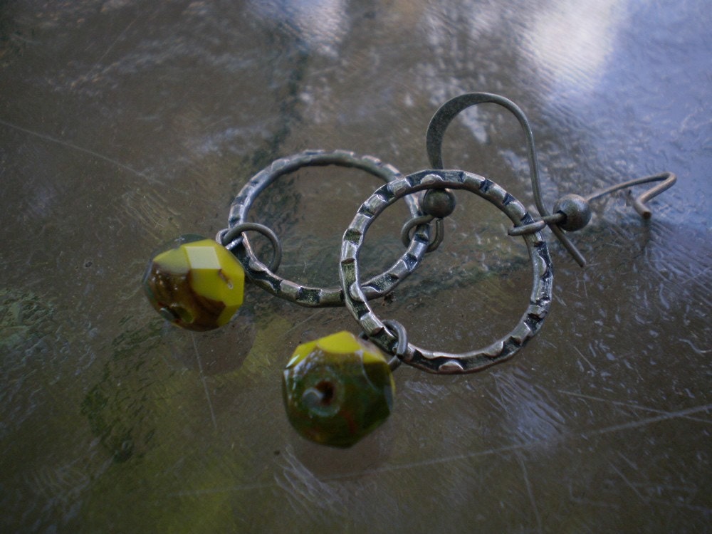 Avocado Czech Glass and Metal Ring Earrings