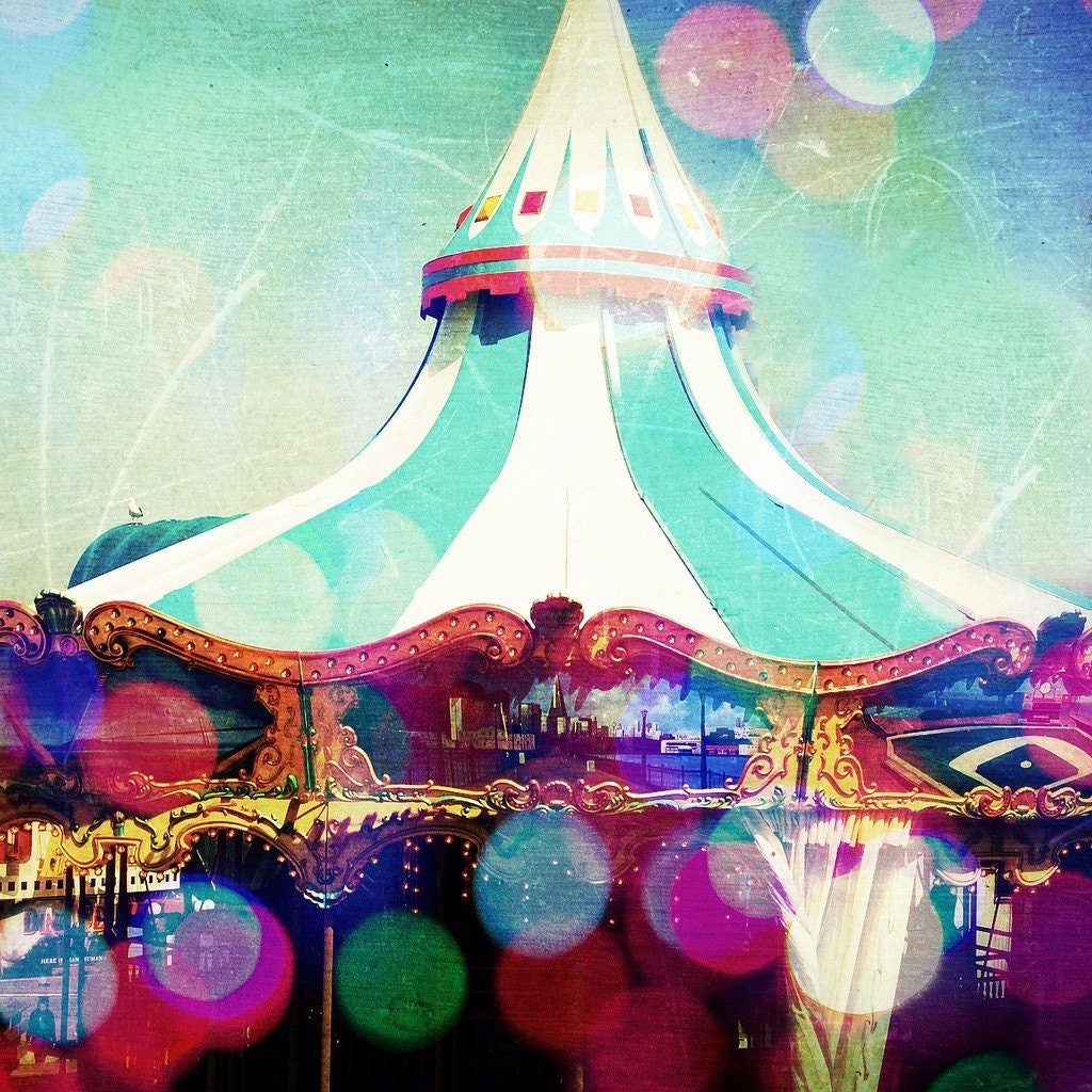 Carnival Photography, Colourful, Nursery, Wall Decor, Purple, Blue, San Francisco -Bokeh Carousel (8x8) Fine Art Print