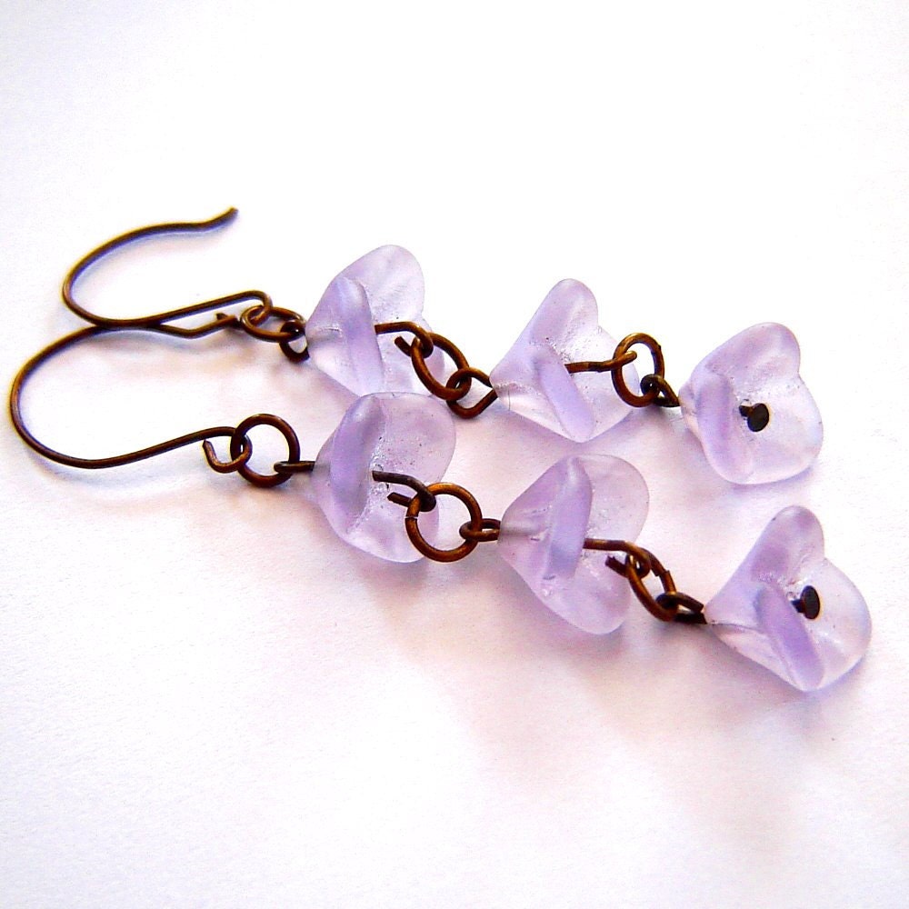 Lilac Glass Bellflower Beads Dangle  Handmade Brass Earwires Long Earrings
