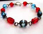 Brass Beaded Filigree Aqua Ruby Vintage Style Bracelet