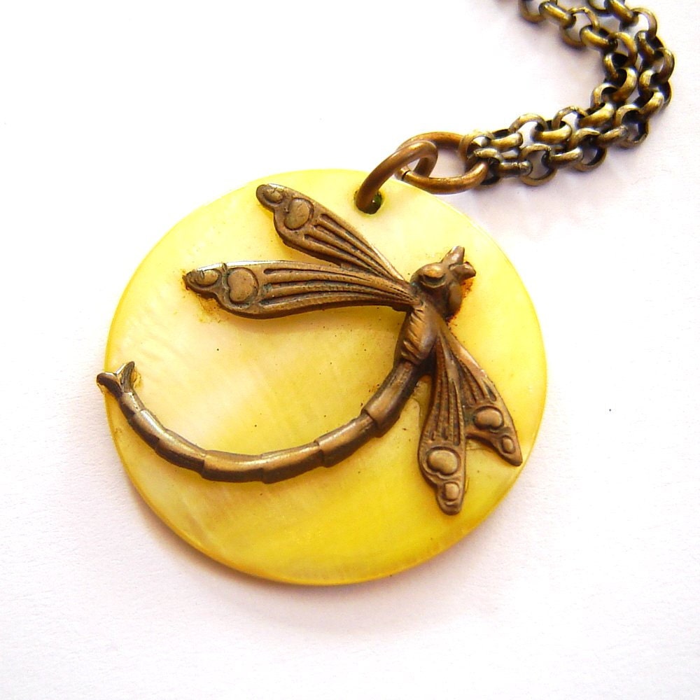 Brass Dragonfly  Charm Yellow Shell Necklace