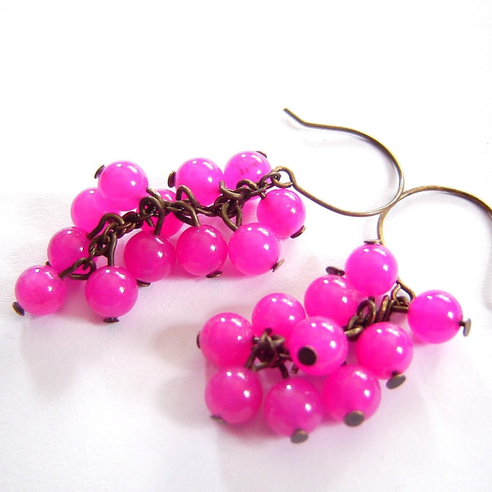 Fuchsia jade dangle cluster antiqued brass handmade earrings
