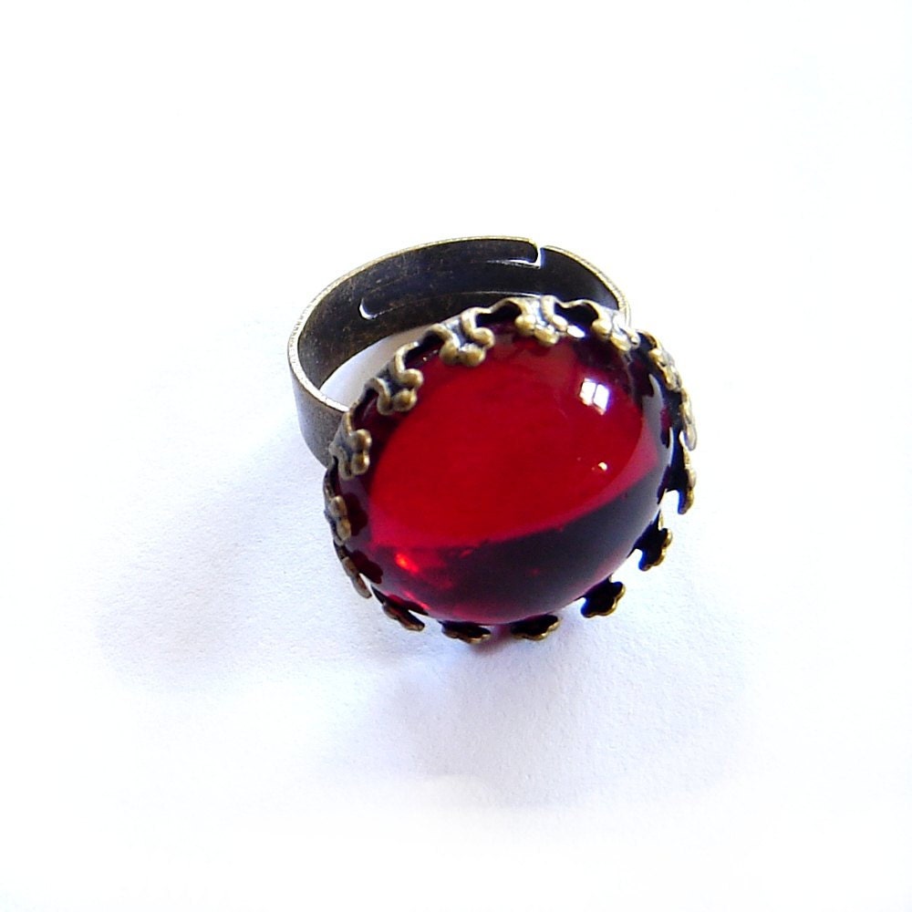 Red Cabochon Ring Adjustable Antique Brass