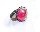 Red Glass Cabochon Ring Adjustable Antiqued Brass