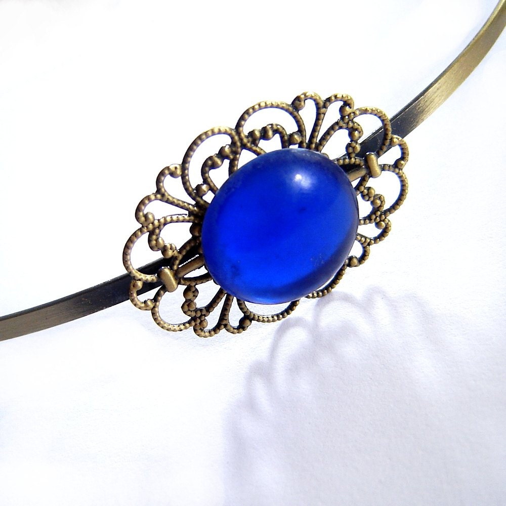 Vintage Style Headband Brass Filigree Blue glass Cabochon