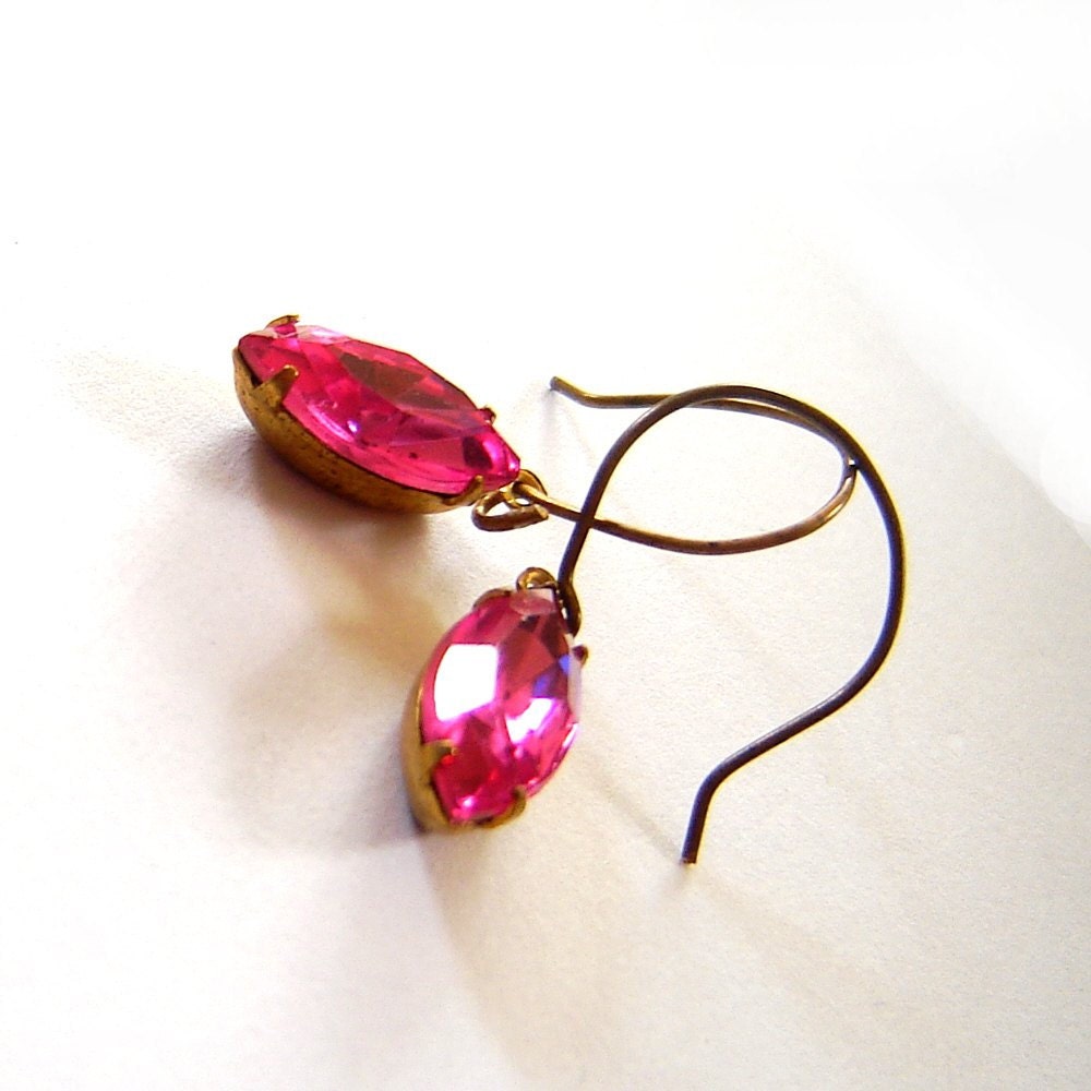 Rhinestone Drop Earrings, Pink Dangle Glass, Jeweled Estate Style