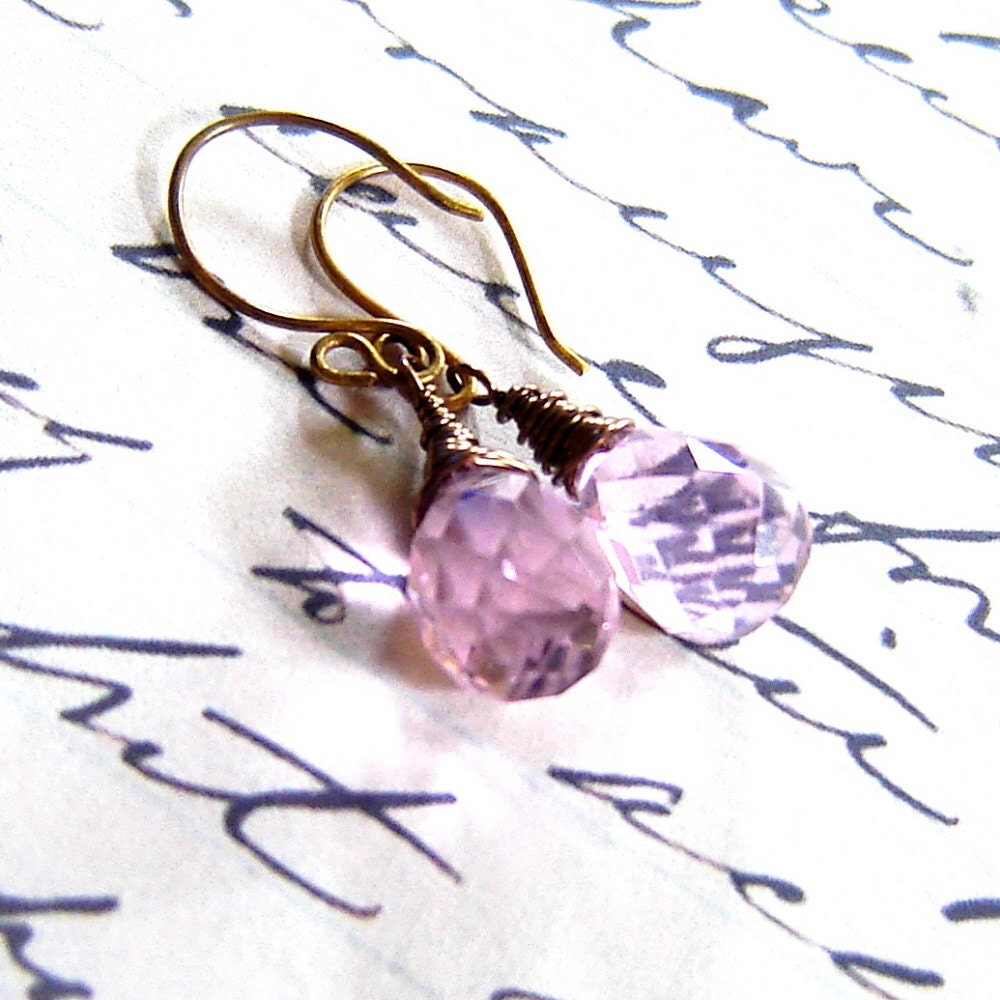 Briolette Earrings- Wire Wrapped- Pink Quartz Faceted- Drop Earrings
