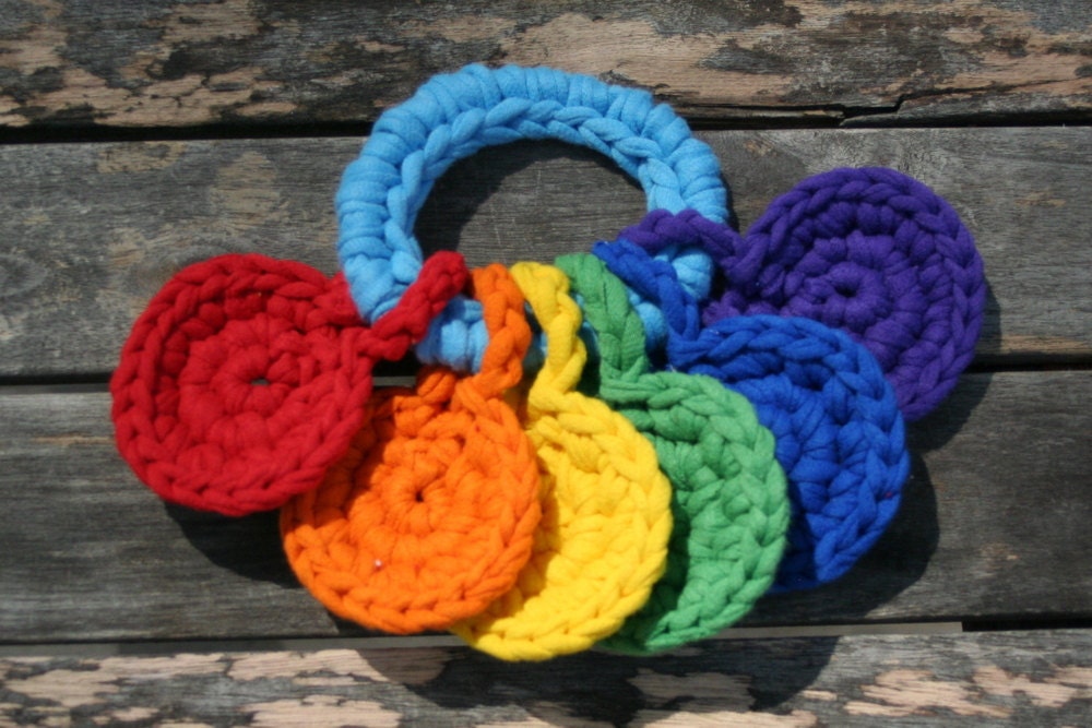 handheld rainbow, crocheted t-shirt yarn key ring toy for baby by yourmomdesigns(rts)