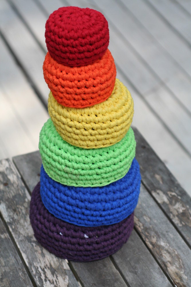 roygbiv nesting bowls, made from crocheted up-cycled t-shirts by yourmomdesigns (rts) waldorf, montessori play