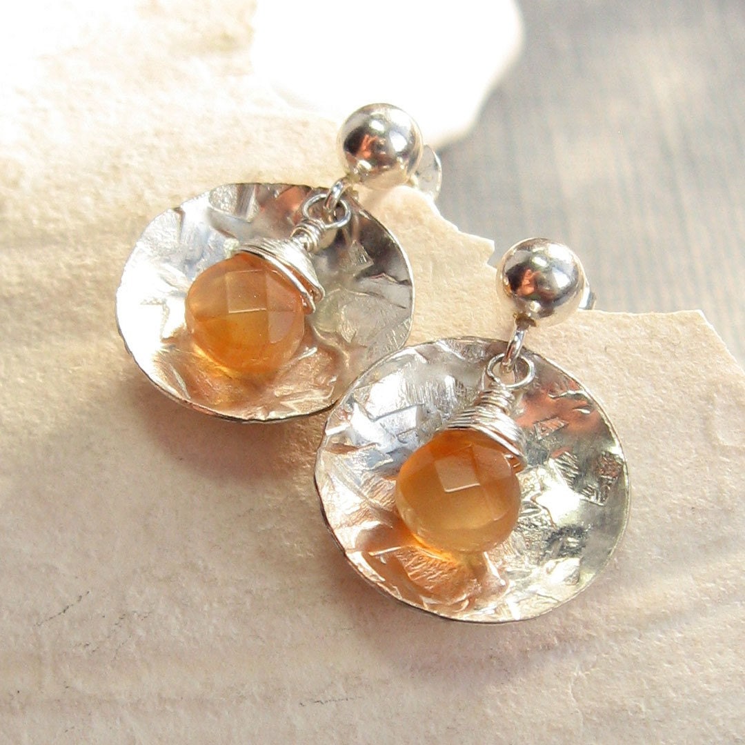 Sterling Silver Hammered Textured Disc with Wire Wrapped Carnelian Briolette Earrings- EAME