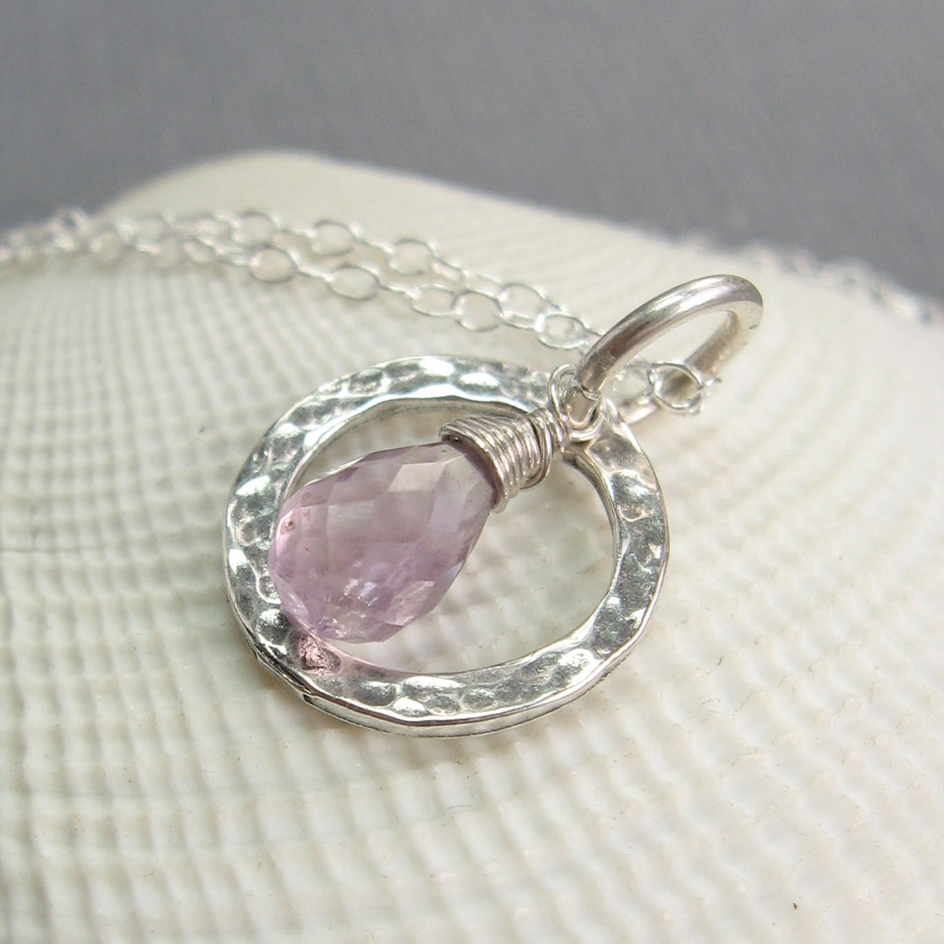 Sterling Silver Hammered Ring with Amethyst Briolette Wire Wrapped Pendant Necklace - NSA