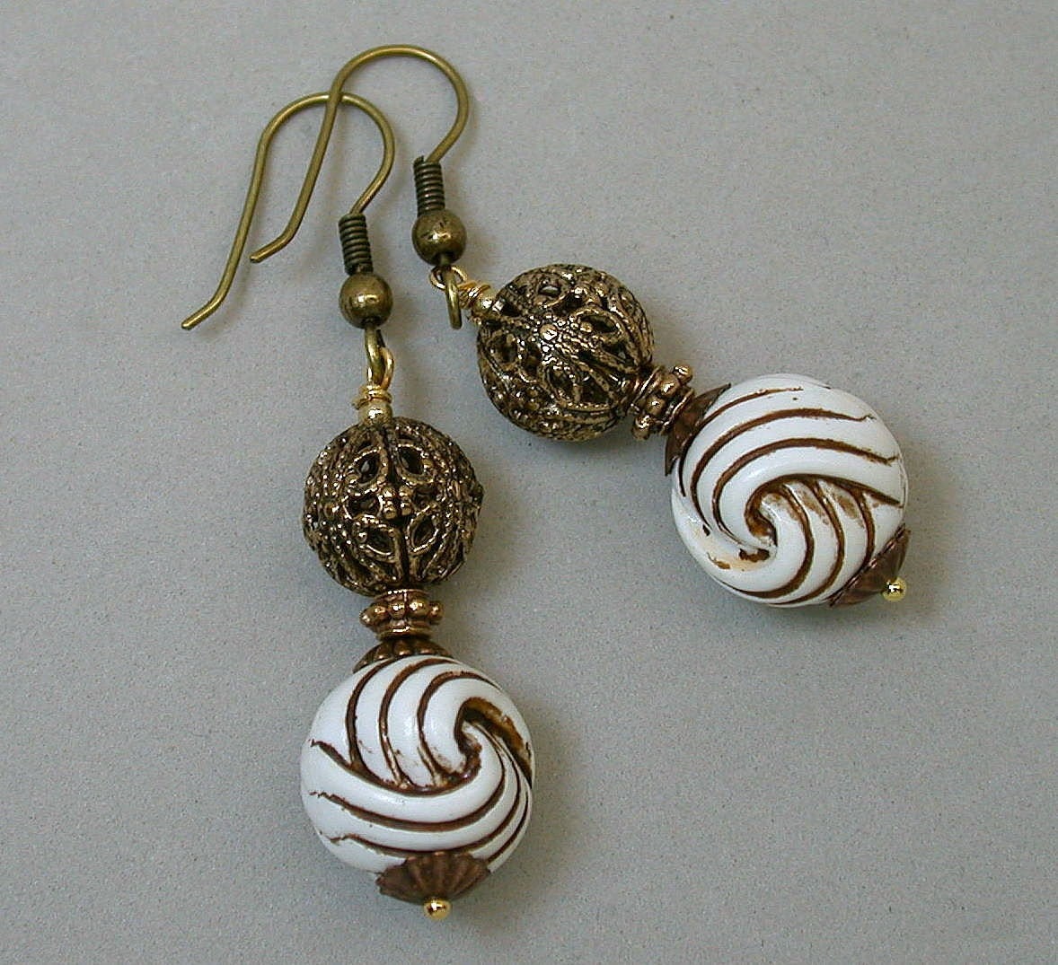 Vintage White Amber Twist Knot German Lucite Bead Earrings,Filigree Antiqued Brass,Copper