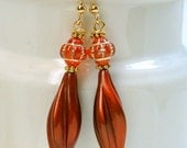 Vintage Carnival Glass Orange Czech Bead Earrings, German Cinnamon Twist Lucite,Gold